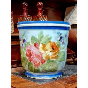 Jardiniere Cache Pot Enamelled Porcelain Hand Painted XIX Eme Floral Decor Of Roses Paris