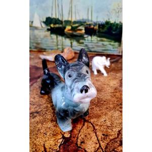 Fox Scottish Terrier Statue Figurine Barbotine Porcelaine 