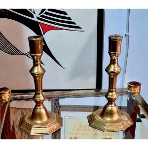 Pair Of Louis XIV Candlesticks In  Bronze And Cut Sides, 18th Century