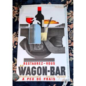 Affiche lithographie  Années 80 Cassandre 1989 Train Wagons Lits Restaurant France
