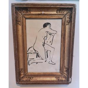 Framed Nude Ink Painting XIXe 