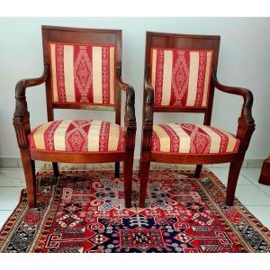 Pair Of Empire Armchairs With Dolphins In Mahogany Nineteenth