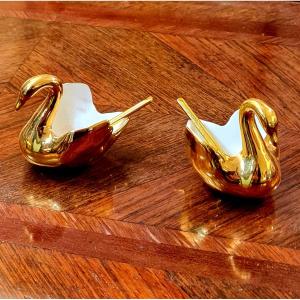 Saleron Porcelain Gold Leaf Jammet Seignolles Limoges Swans Birds 20th Century
