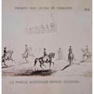 Cadre Noir Saumur Cheval  equitation Gravure Lithographie 