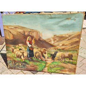 Large Format Oil Canvas Painting Shepherdess Jeanne D Arc Guarding Her Sheep XIX Eme To Be Restored 