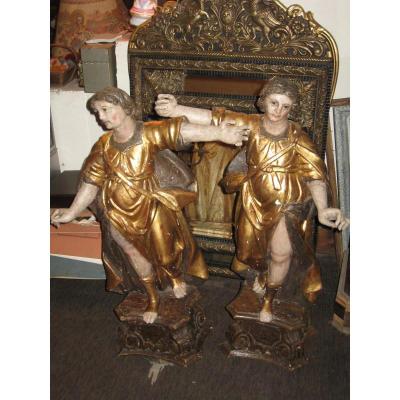 Statues Pair XVII Polychrome Wood Circa Dore Louis XIV