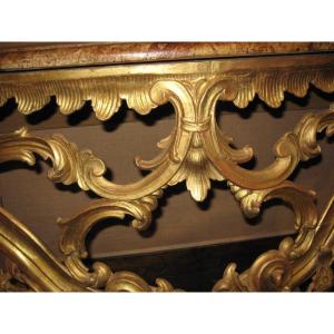 Important Italian Gilded Wood Console XVII Era Louis XIV Marble Tray Feigned In Decorative Painting On Wood