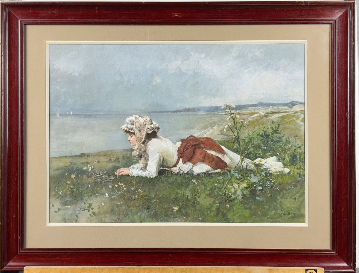 Ferdinand Heilbuth - Woman Lying On A Shore - Watercolor-photo-2