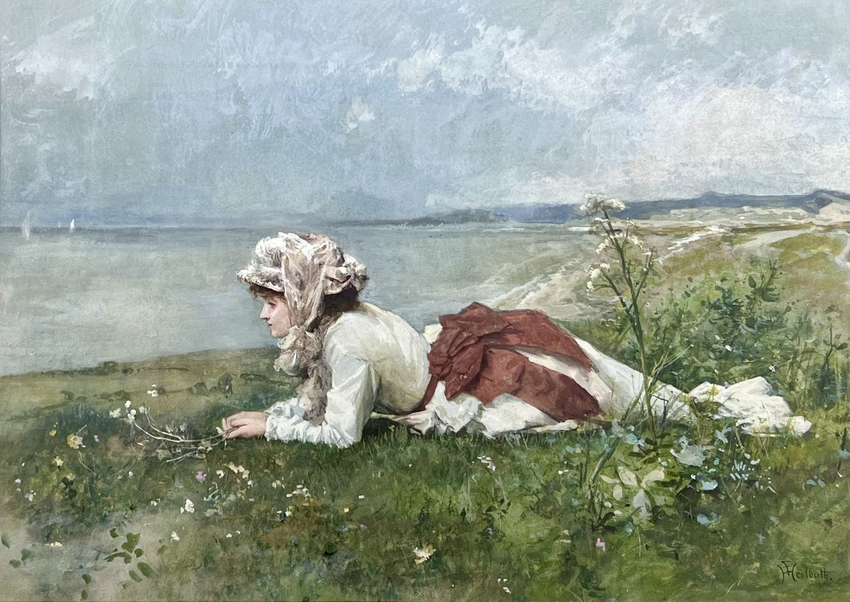 Ferdinand Heilbuth - Woman Lying On A Shore - Watercolor