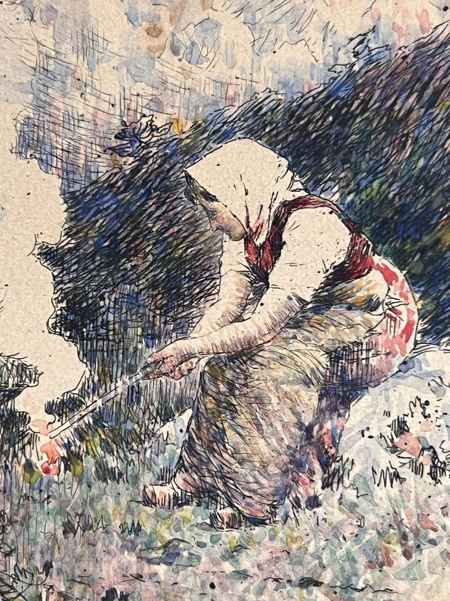Eugène Charvot - Paysanne Brûlant Des Herbes, Au Crépuscule - Watercolor Etching-photo-2