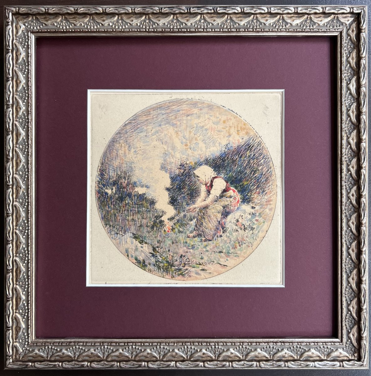 Eugène Charvot - Paysanne Brûlant Des Herbes, Au Crépuscule - Watercolor Etching-photo-3