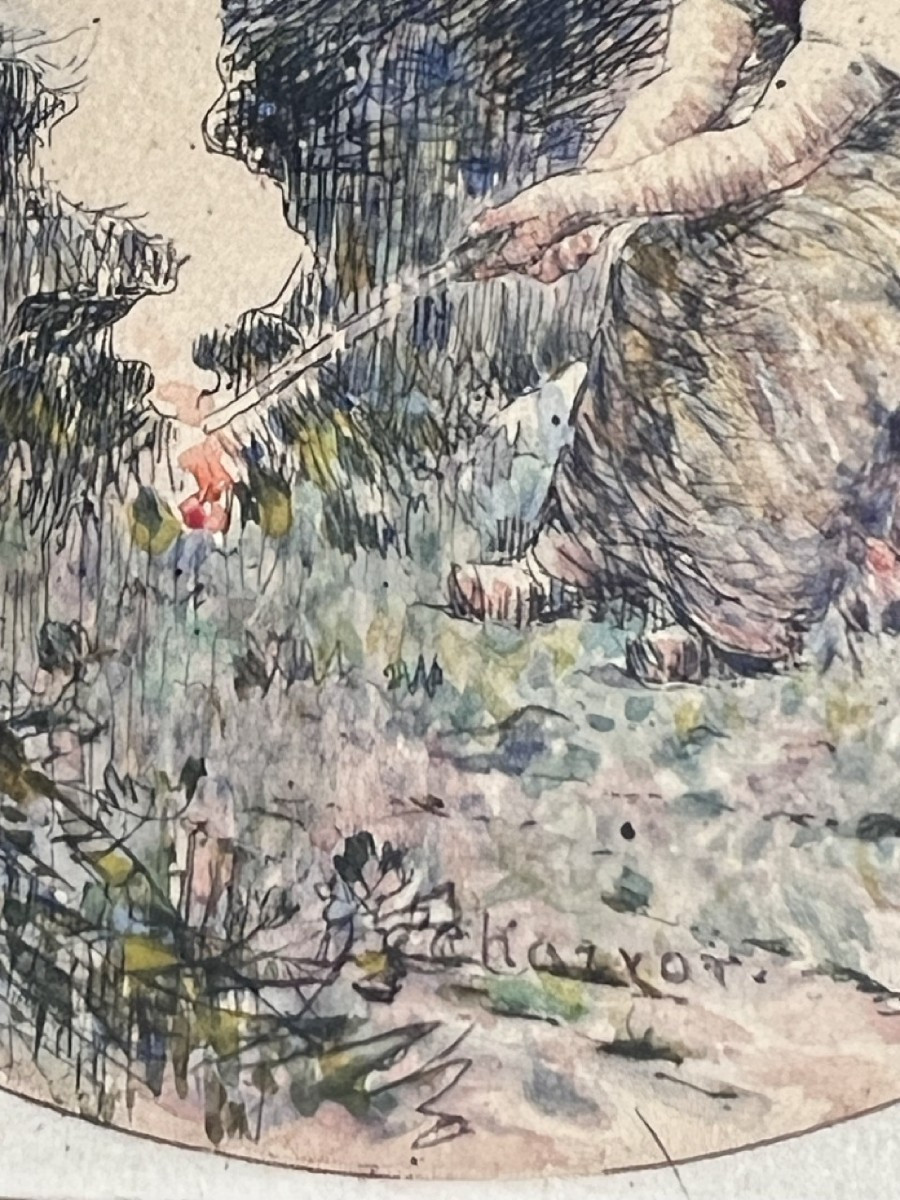 Eugène Charvot - Paysanne Brûlant Des Herbes, Au Crépuscule - Watercolor Etching-photo-1