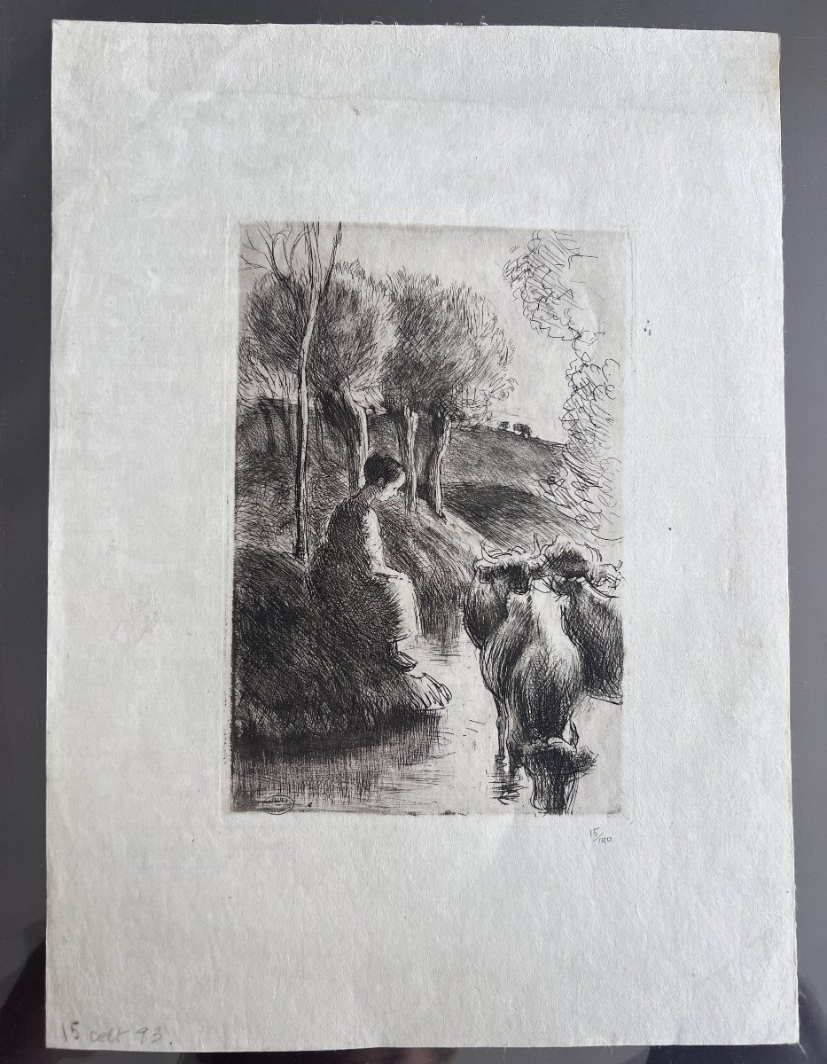 Camille Pissarro - Vachere Au Bord De l'Eau - Etching And Drypoint-photo-1
