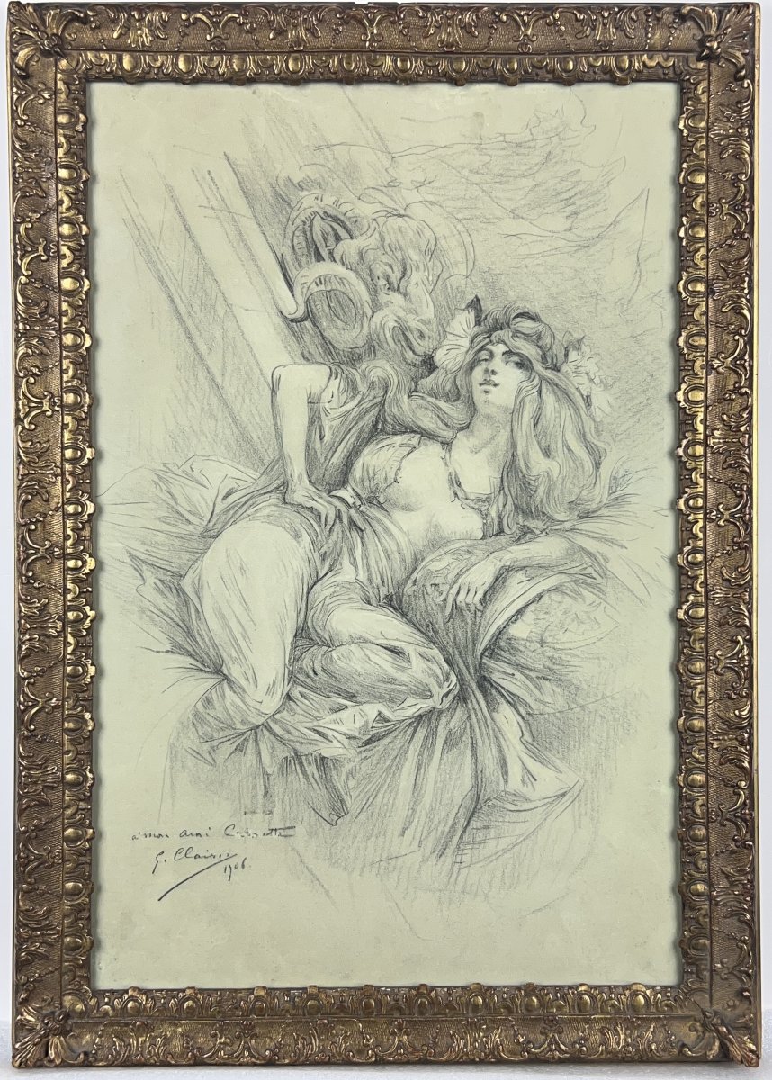 Georges CLAIRIN - Figure féminine et tête de bélier - dessin