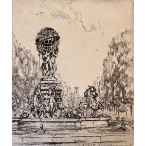 Eugène VÉDER - La Fontaine de l'Observatoire (Paris) - eau-forte