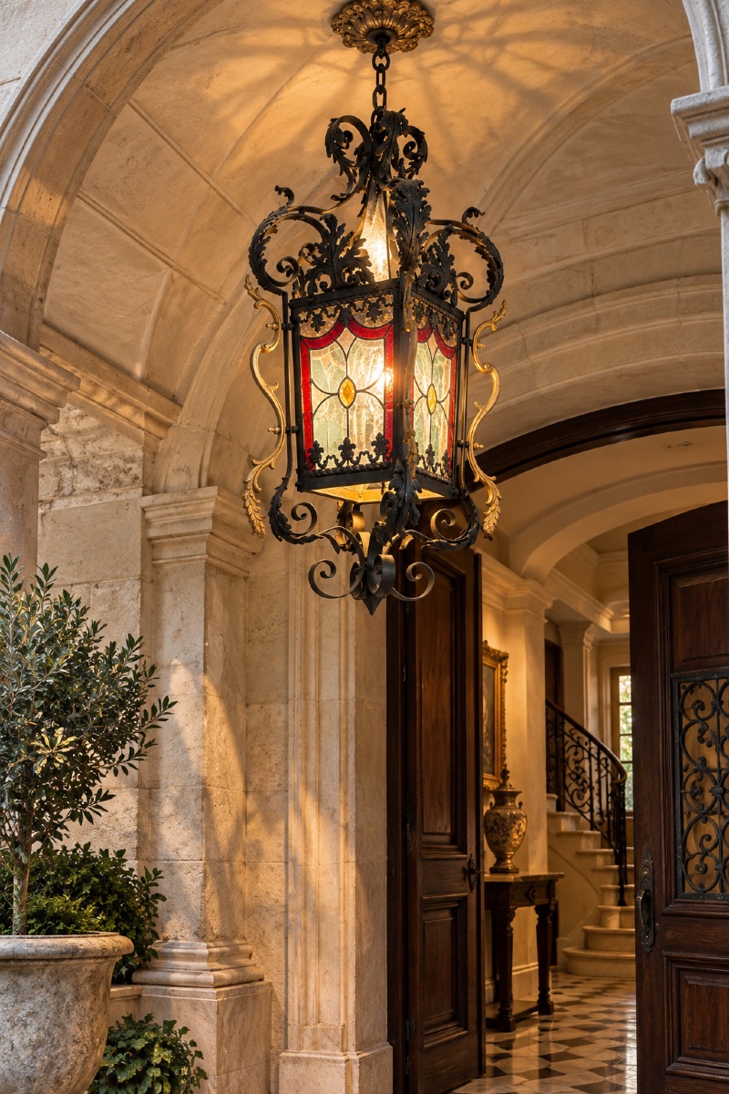 Large Wrought-iron Hallway Lantern With Polychrome Stained-glass Panels – Circa 1900-photo-2