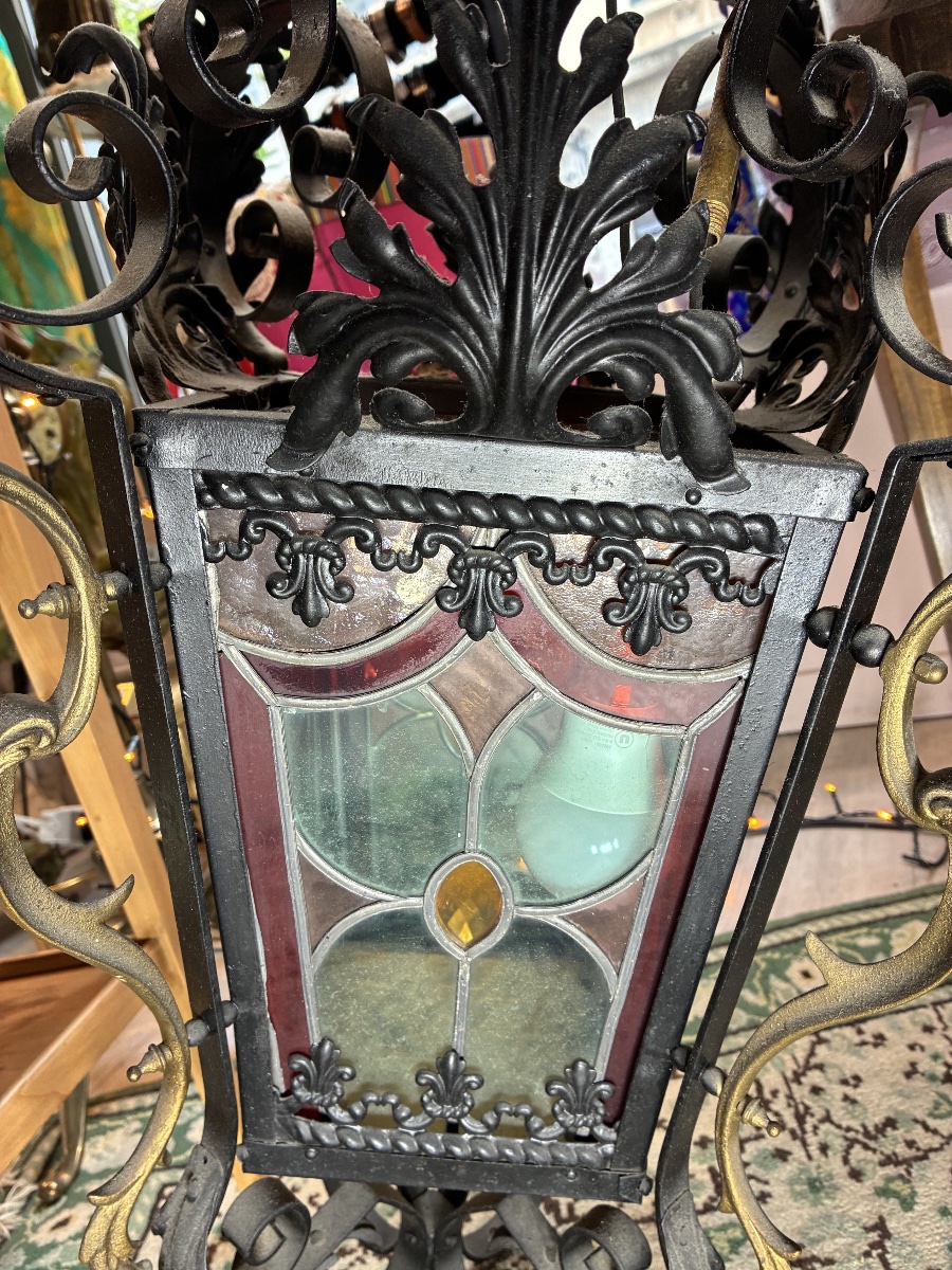 Large Wrought-iron Hallway Lantern With Polychrome Stained-glass Panels – Circa 1900-photo-3
