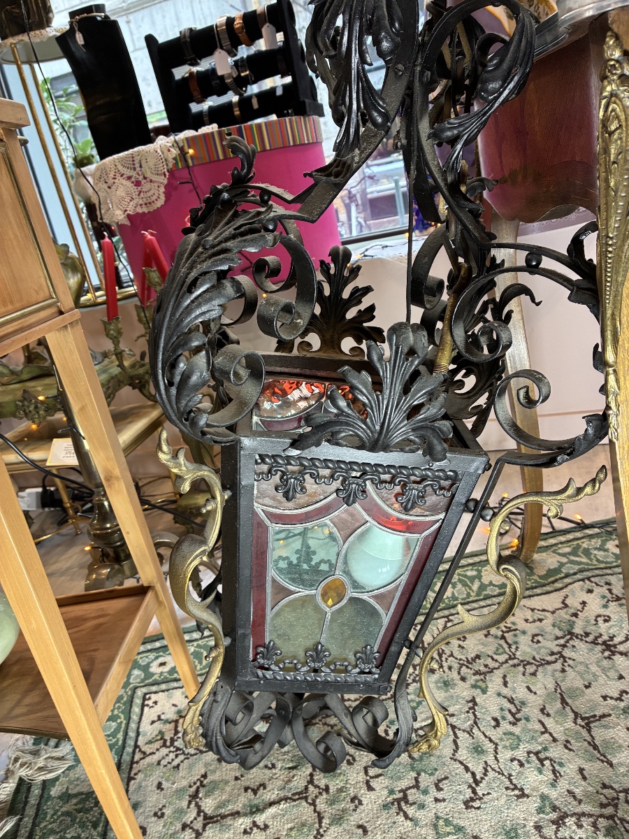 Large Wrought-iron Hallway Lantern With Polychrome Stained-glass Panels – Circa 1900-photo-4
