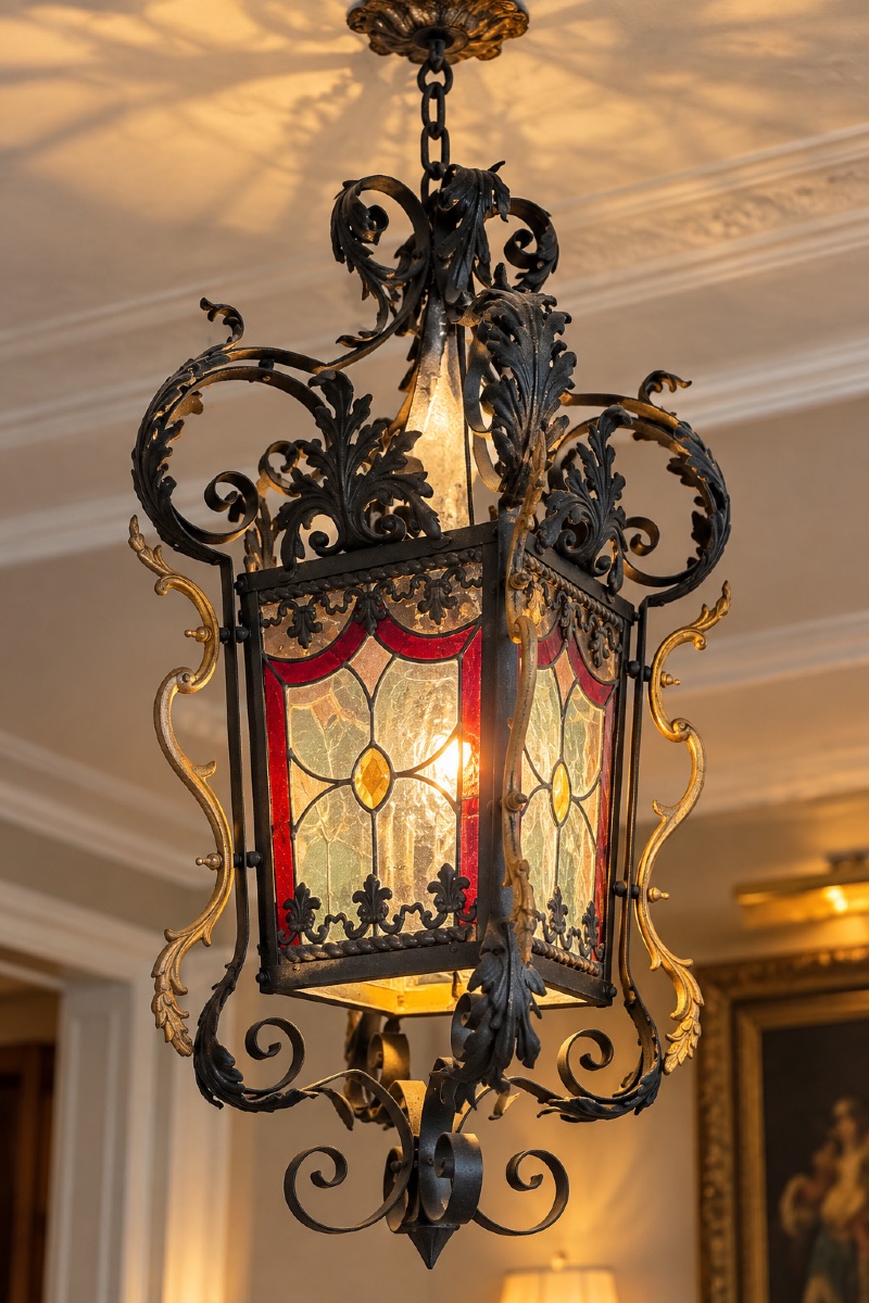 Large Wrought-iron Hallway Lantern With Polychrome Stained-glass Panels – Circa 1900