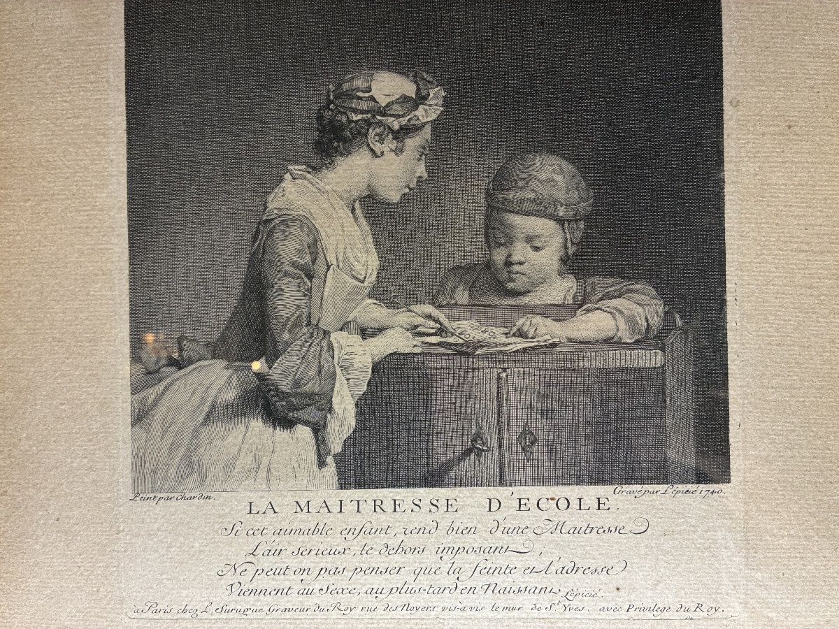GRAVURE ANCIENNE - LA MAITRESSE D'ECOLE PEINT PAR CHARDIN - GRAVÉ PAR LÉPICIÉ 1740-photo-2