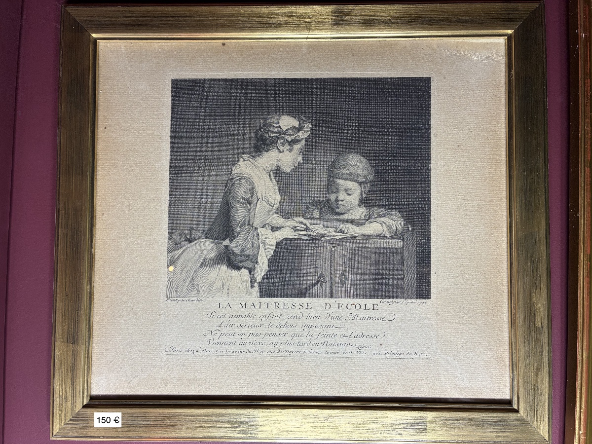 GRAVURE ANCIENNE - LA MAITRESSE D'ECOLE PEINT PAR CHARDIN - GRAVÉ PAR LÉPICIÉ 1740
