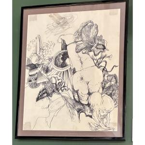 Jim Leon (1938–2002) — Original Ink Drawing Titled "flowers"