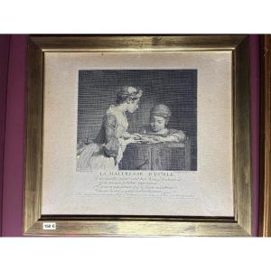 Antique Engraving - "the Schoolteacher," Painted By Chardin, Engraved By Lépicié, 1740