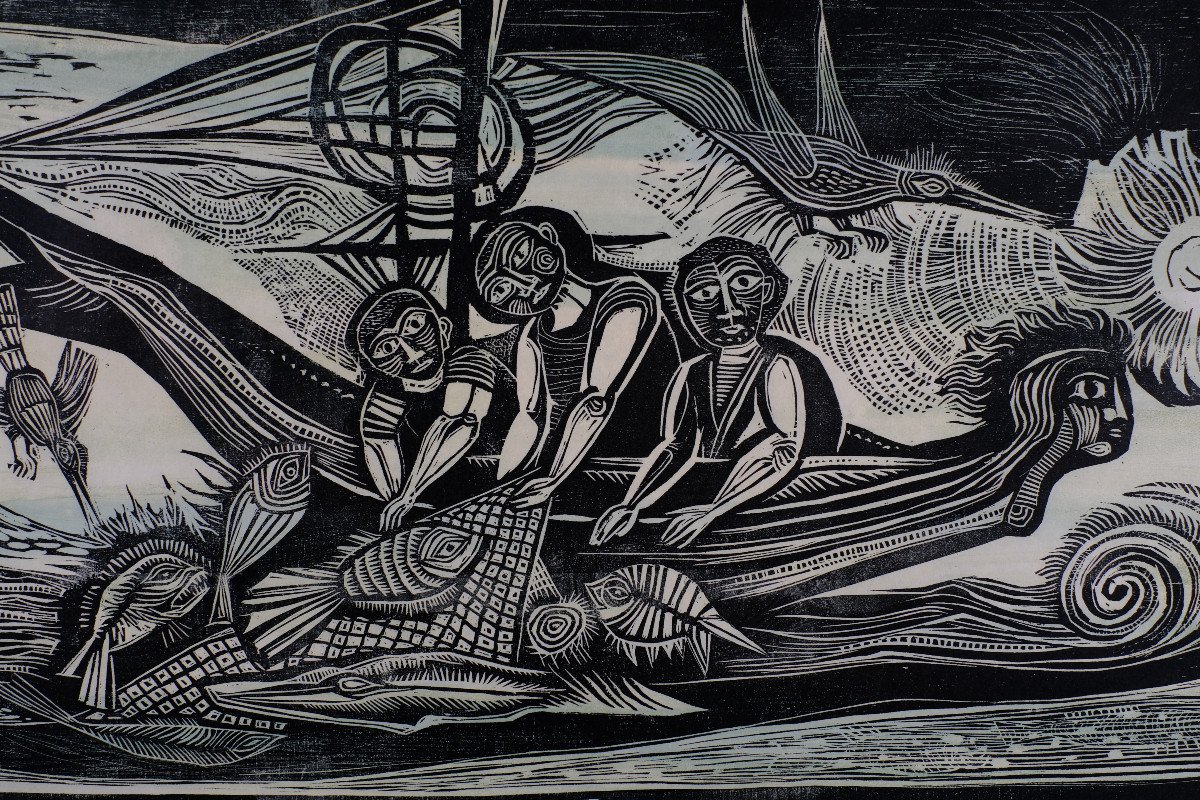 André Toussaint (1923-2006). Woodcut. "fishing And The Sea" 1960 No. 3/8 