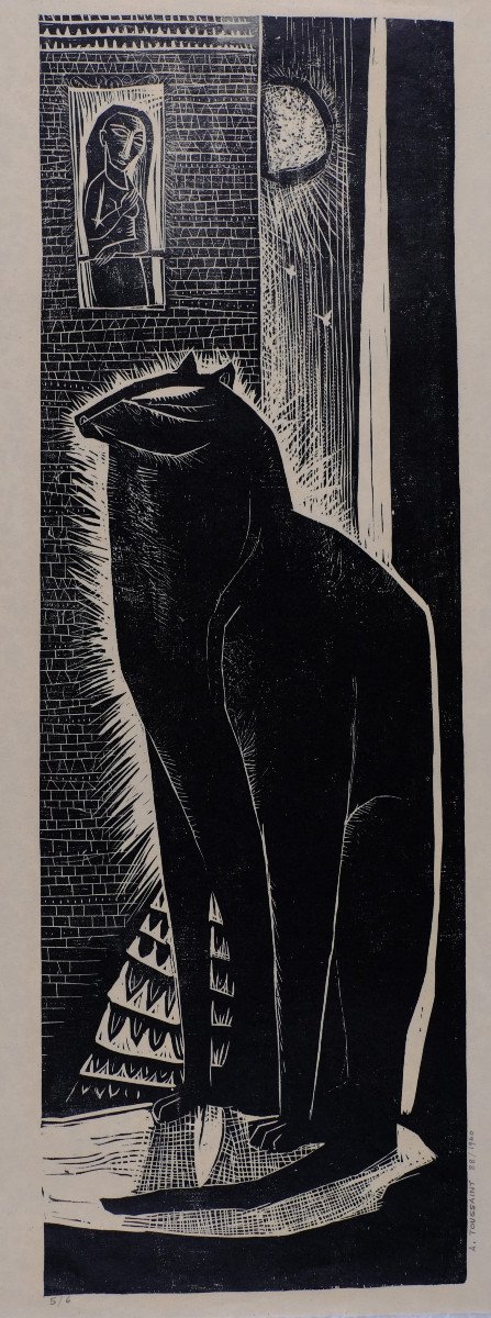 André Toussaint (1923-2006). Xylographie. "chat" N°5/6    1960. Cat.
