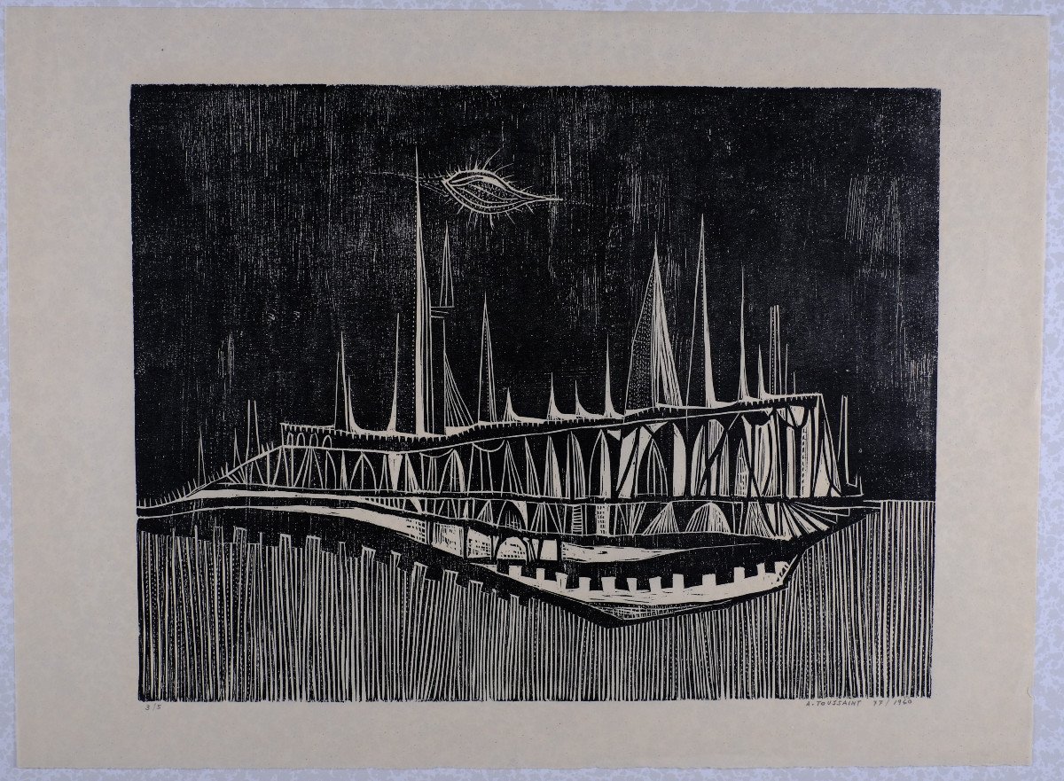 André Toussaint (1923-2006). Xylographie. "paysage Abstrait" ou " Baleine"N°3/5 . 1960. -photo-2