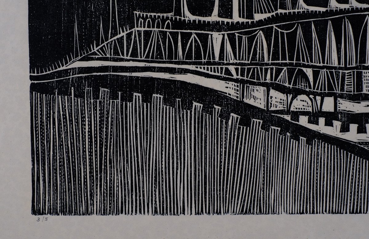 André Toussaint (1923-2006). Xylographie. "paysage Abstrait" ou " Baleine"N°3/5 . 1960. -photo-3