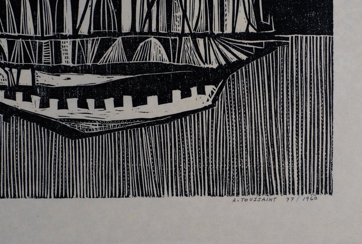 André Toussaint (1923-2006). Xylographie. "paysage Abstrait" ou " Baleine"N°3/5 . 1960. -photo-4