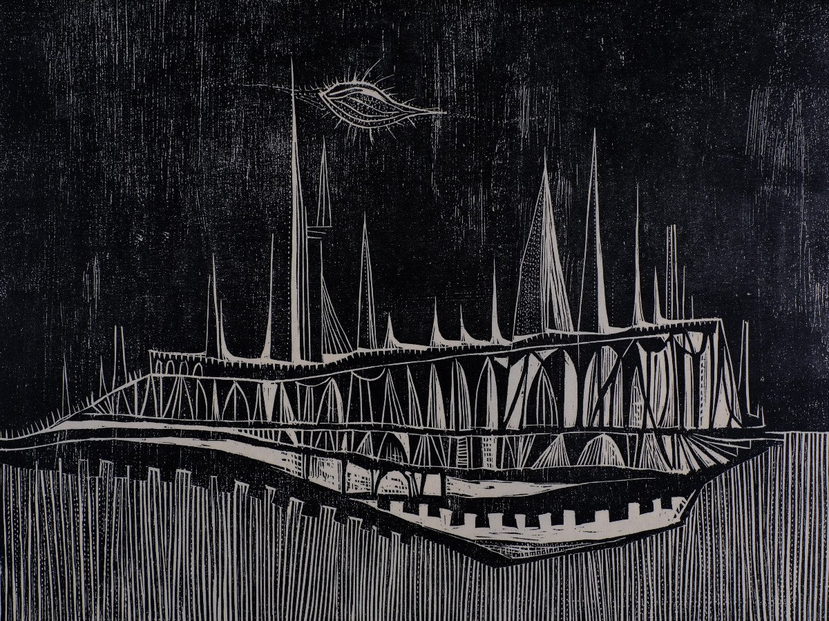 André Toussaint (1923-2006). Xylographie. "paysage Abstrait" ou " Baleine"N°3/5 . 1960. 