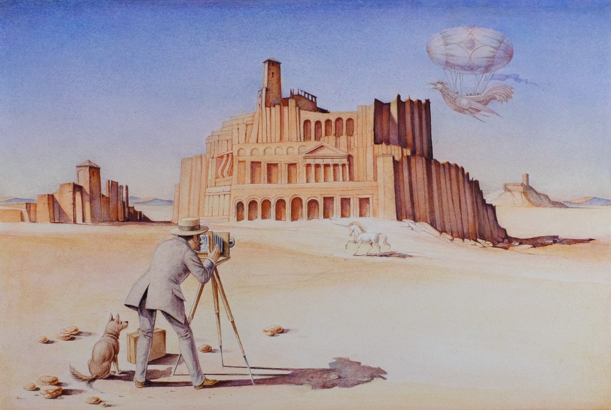 André Toussaint (1923-2006).Dessin." La Photo Concours"Surréalisme. 1986 Photographe et licorne