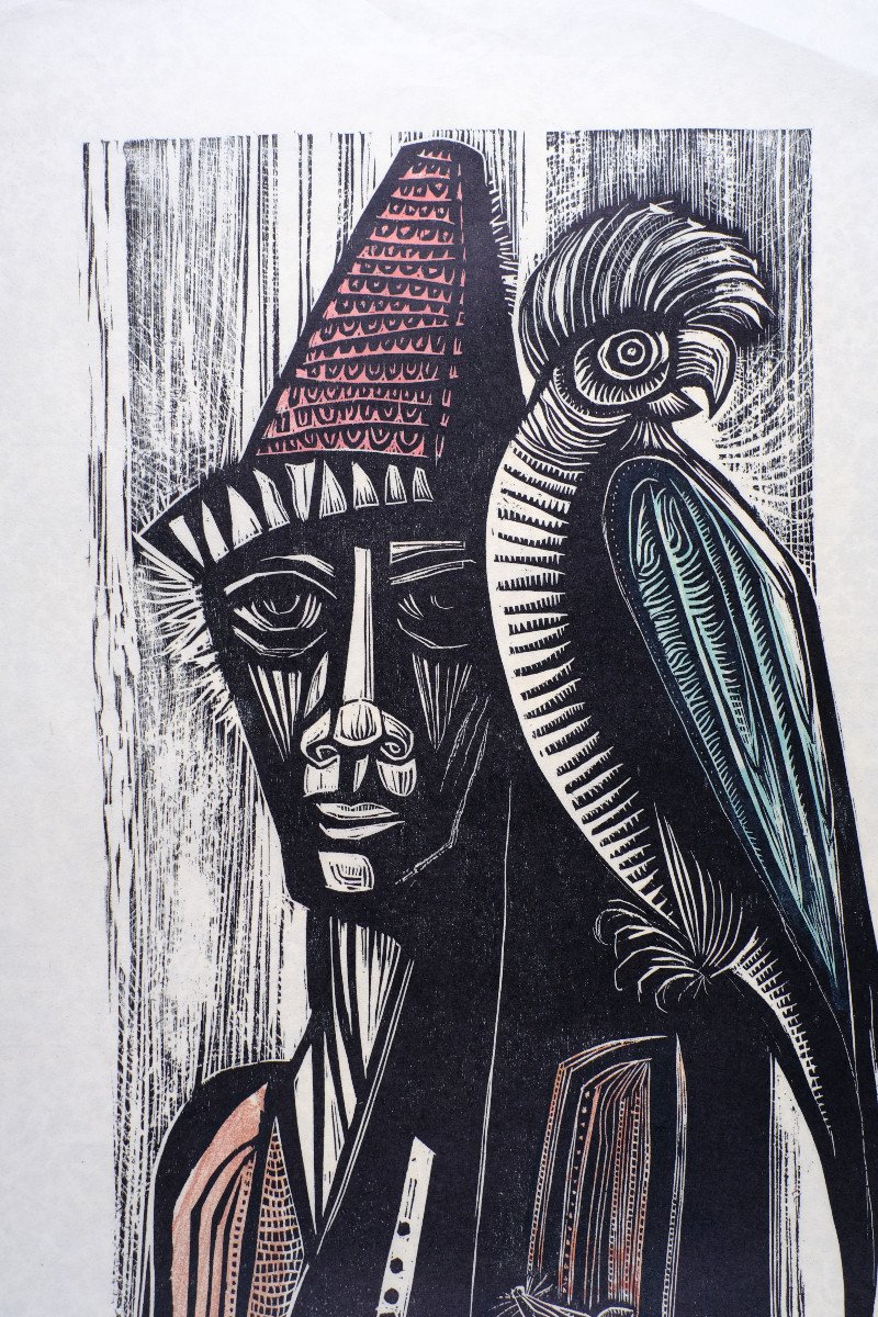 André Toussaint (1923-2006). Xylographie."der Rattenfänger Von Hameln" Perroquet. Circa 1960-photo-3