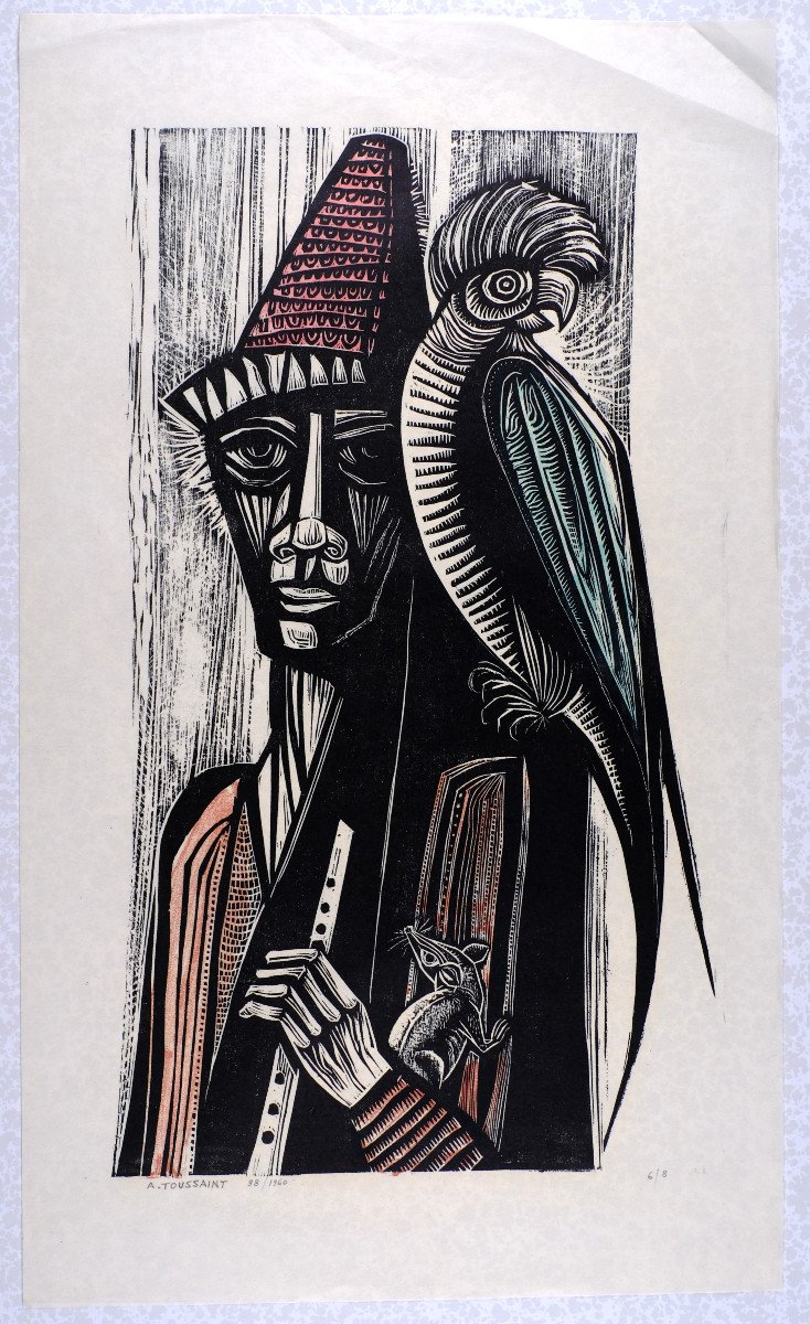 André Toussaint (1923-2006). Xylographie."der Rattenfänger Von Hameln" Perroquet. Circa 1960-photo-4