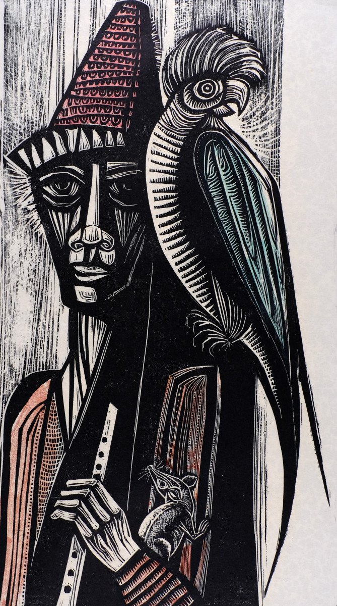 André Toussaint (1923-2006). Xylographie."der Rattenfänger Von Hameln" Perroquet. Circa 1960