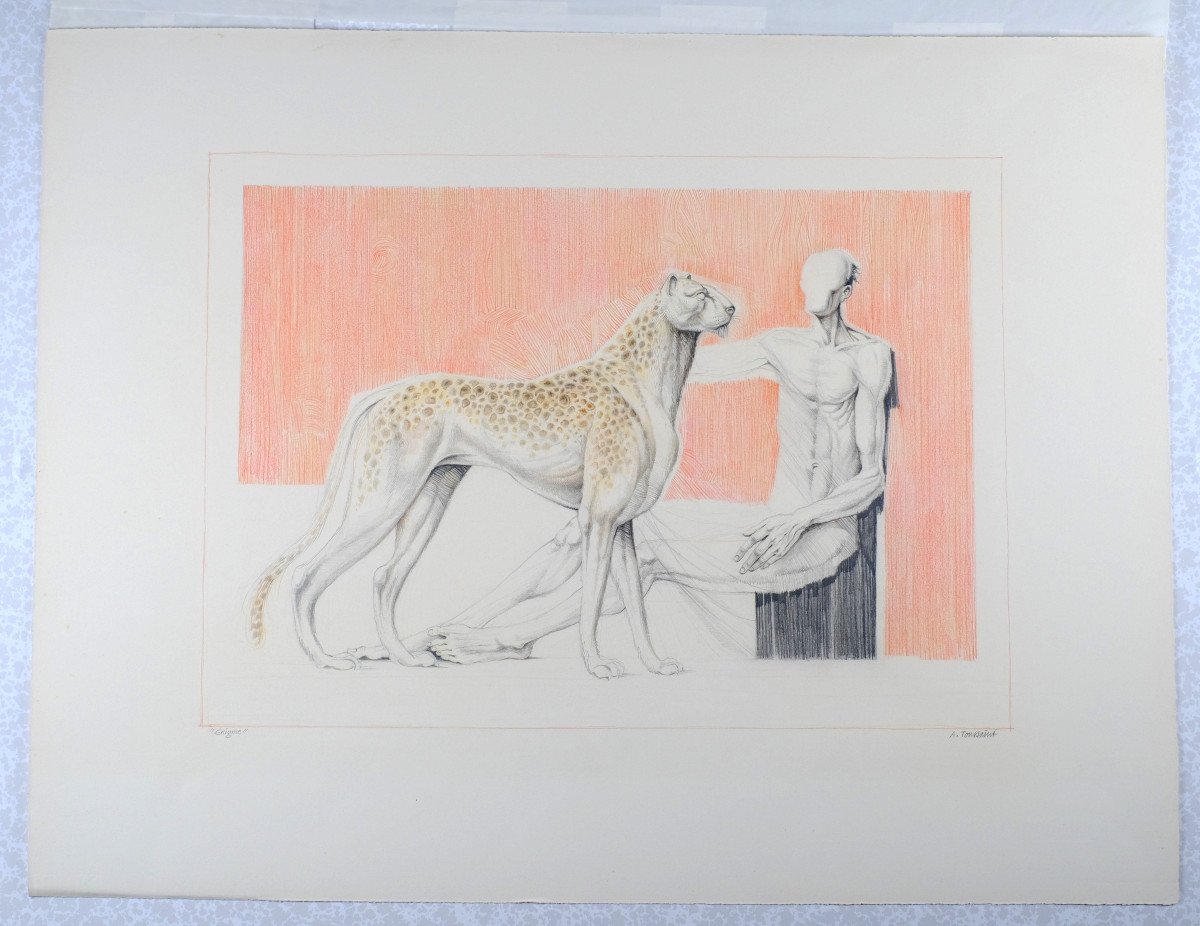 André Toussaint (1923-2006). Dessin Technique Mixte.circa 1986."enigme" Surréalisme.guépard-photo-2