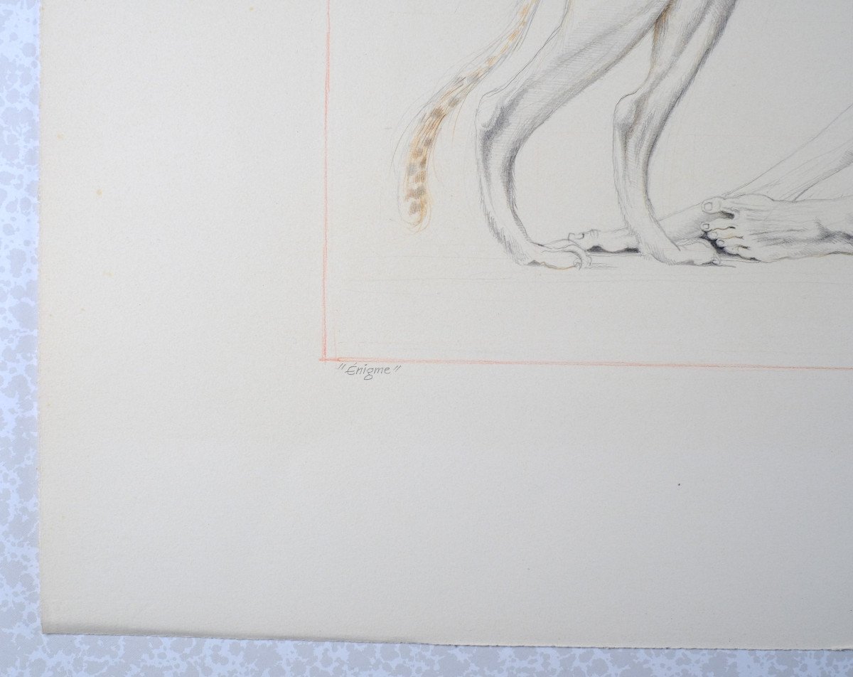 André Toussaint (1923-2006). Dessin Technique Mixte.circa 1986."enigme" Surréalisme.guépard-photo-1