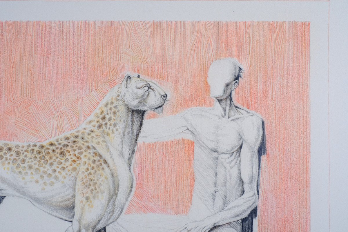 André Toussaint (1923-2006). Dessin Technique Mixte.circa 1986."enigme" Surréalisme.guépard-photo-3