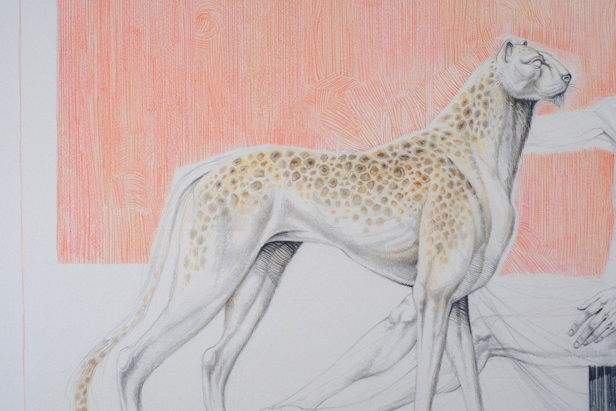 André Toussaint (1923-2006). Dessin Technique Mixte.circa 1986."enigme" Surréalisme.guépard-photo-5