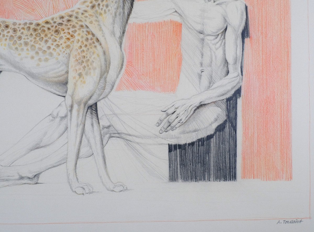 André Toussaint (1923-2006). Dessin Technique Mixte.circa 1986."enigme" Surréalisme.guépard-photo-6