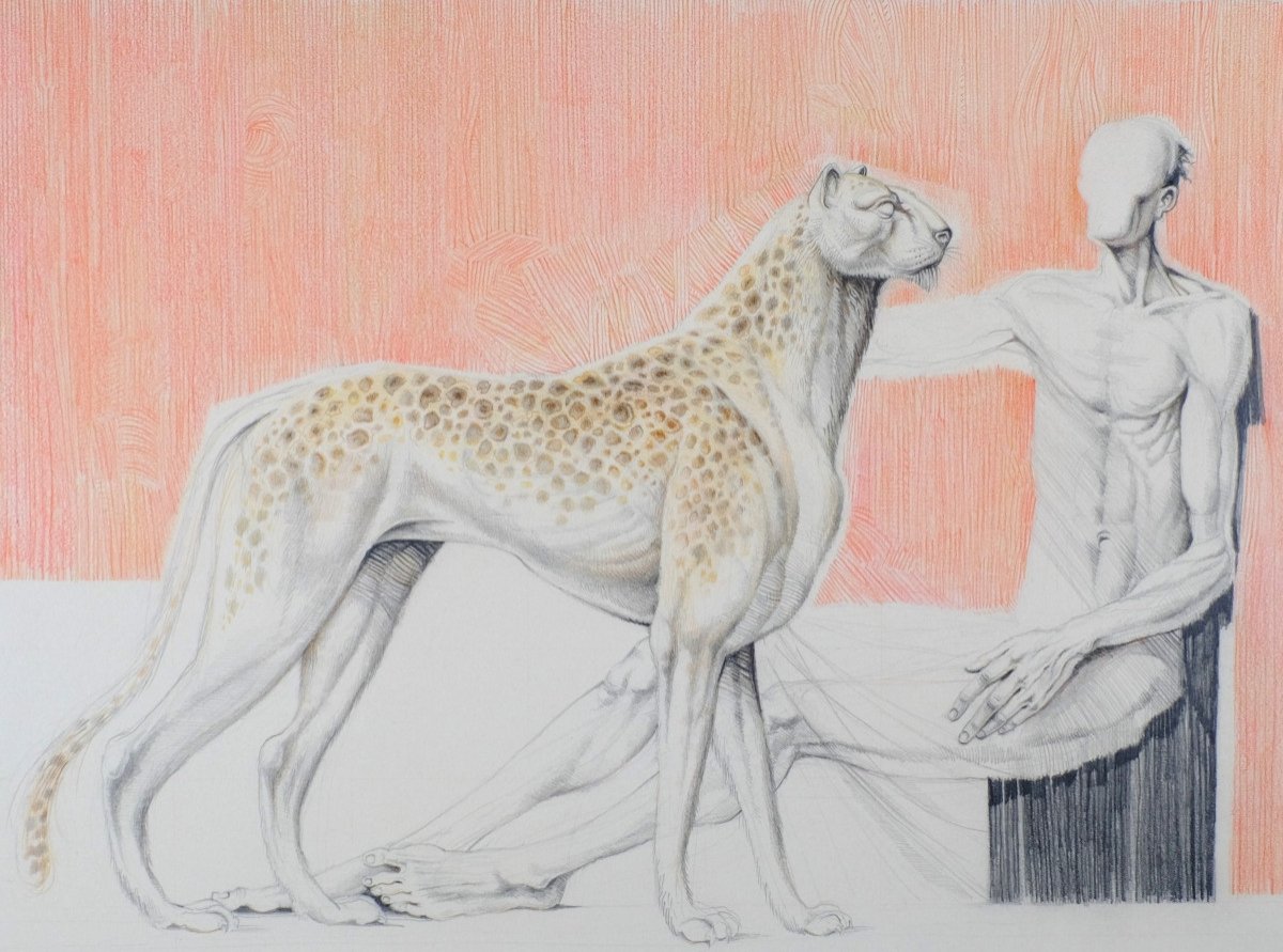 André Toussaint (1923-2006). Dessin Technique Mixte.circa 1986."enigme" Surréalisme.guépard