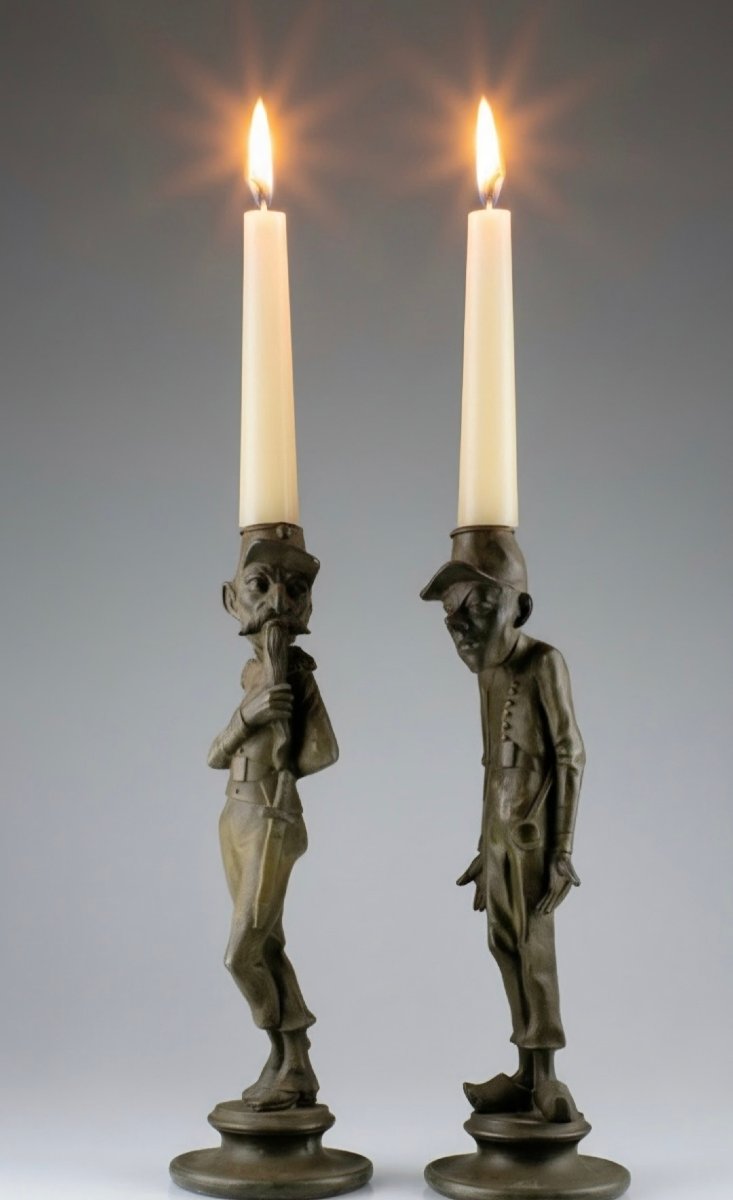 Pair Of "grotesque" Caricatural Candlesticks Of Soldiers Attr.to Emile Guillemin. Caricature