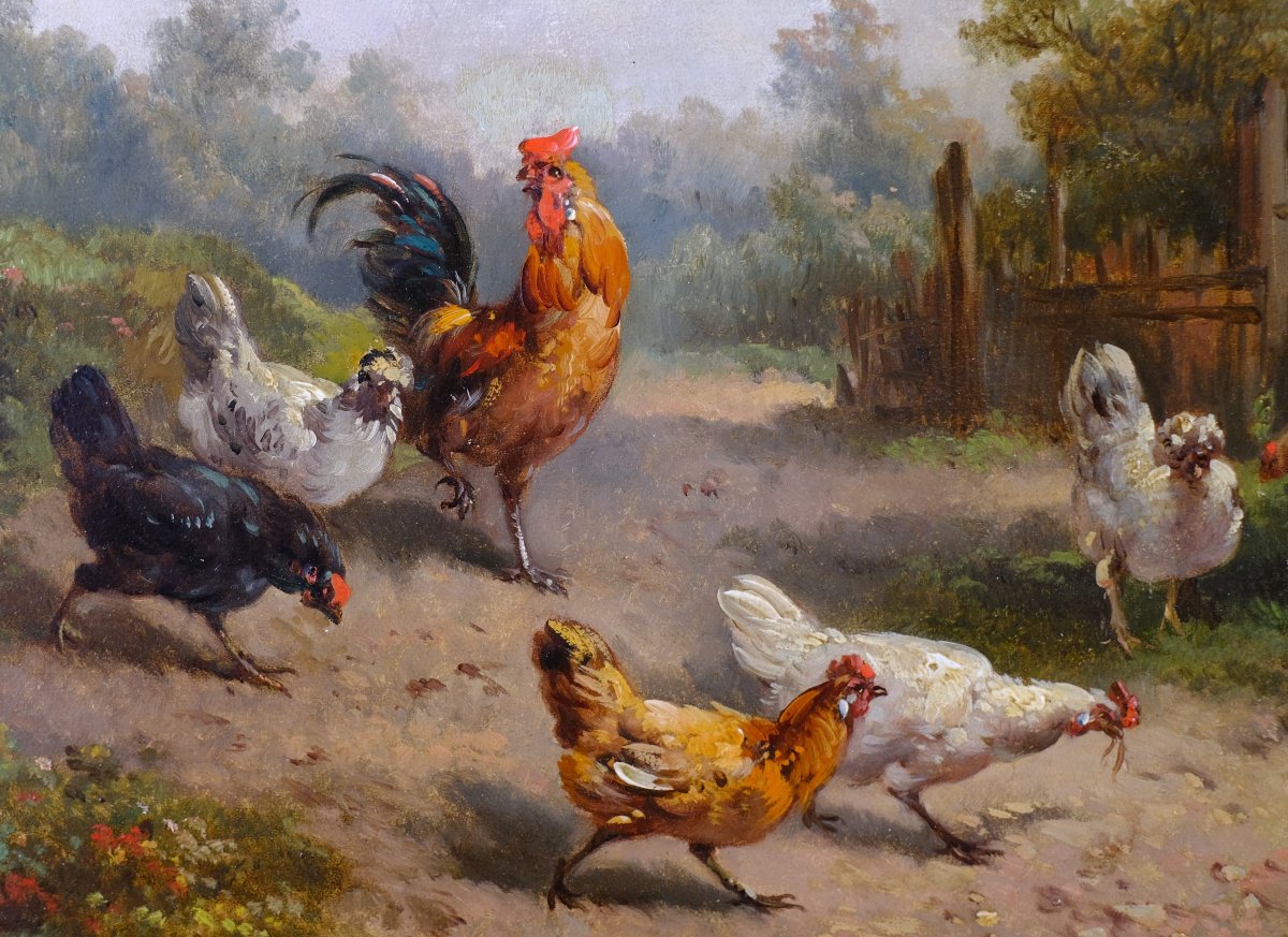 Paul-Henri Schouten (1860 – 1922). Basse-cour: Poules et Coq. Huile sur Panneau scène champêtre-photo-1