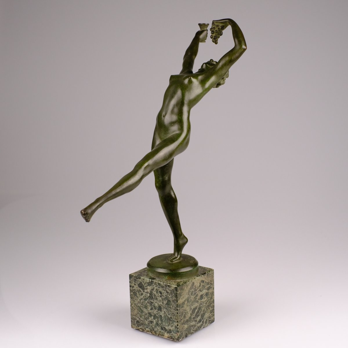  Léonildo Giannoni (1880-1951)- Baccante —art Deco Bronze With Green Patina On Green Marble.-photo-2