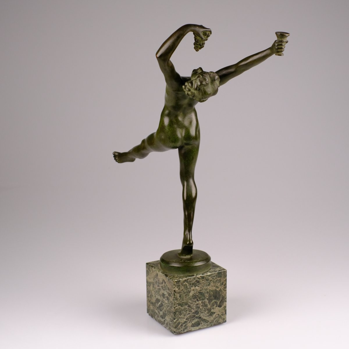  Léonildo Giannoni (1880-1951)- Baccante —art Deco Bronze With Green Patina On Green Marble.-photo-2