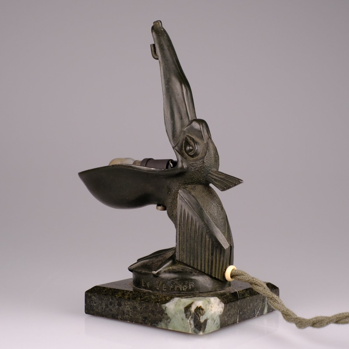 Max Le Verrier. Art Deco Pelican Lamp Holder, Circa 1925. Pocket Watch Holder.-photo-1
