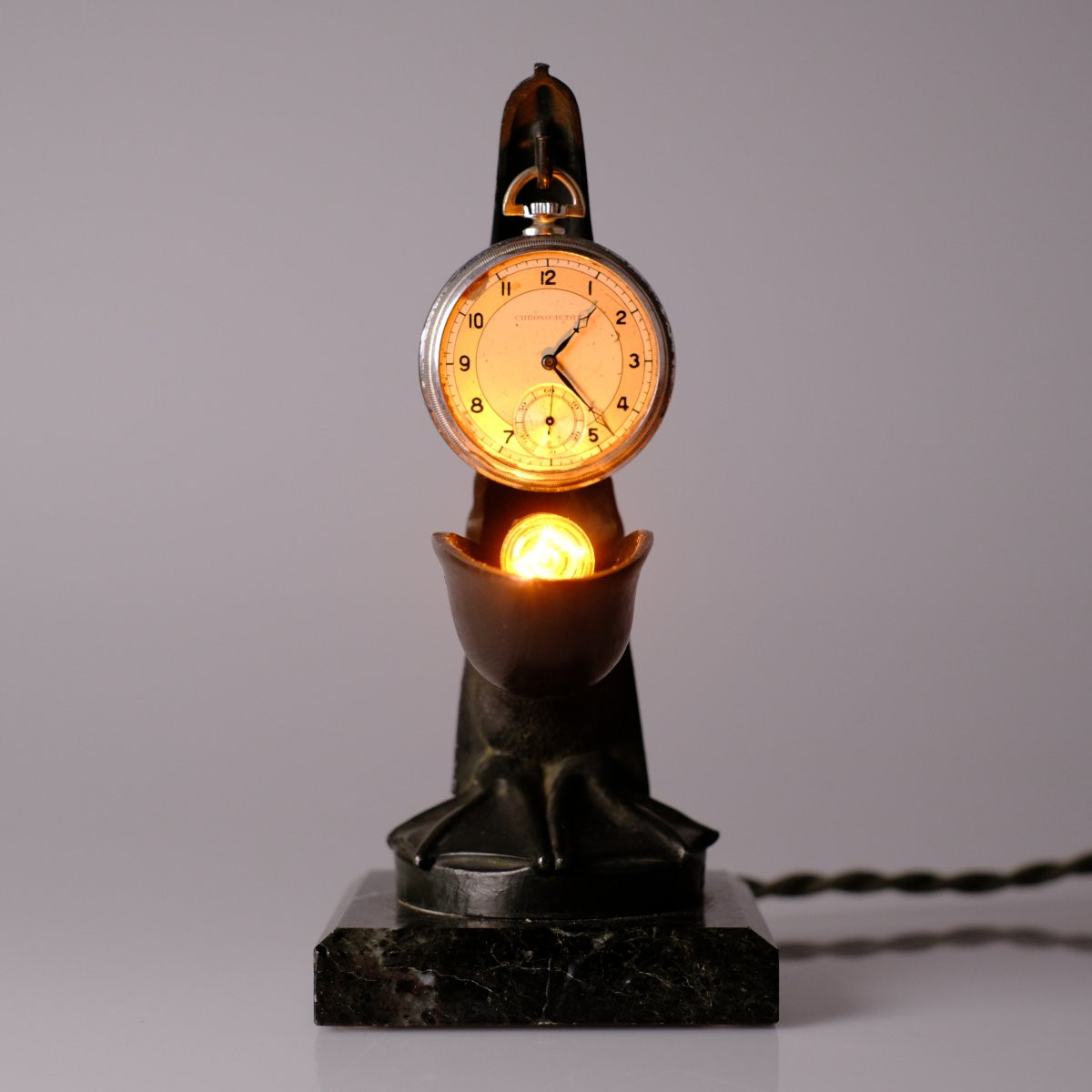 Max Le Verrier. Art Deco Pelican Lamp Holder, Circa 1925. Pocket Watch Holder.-photo-5
