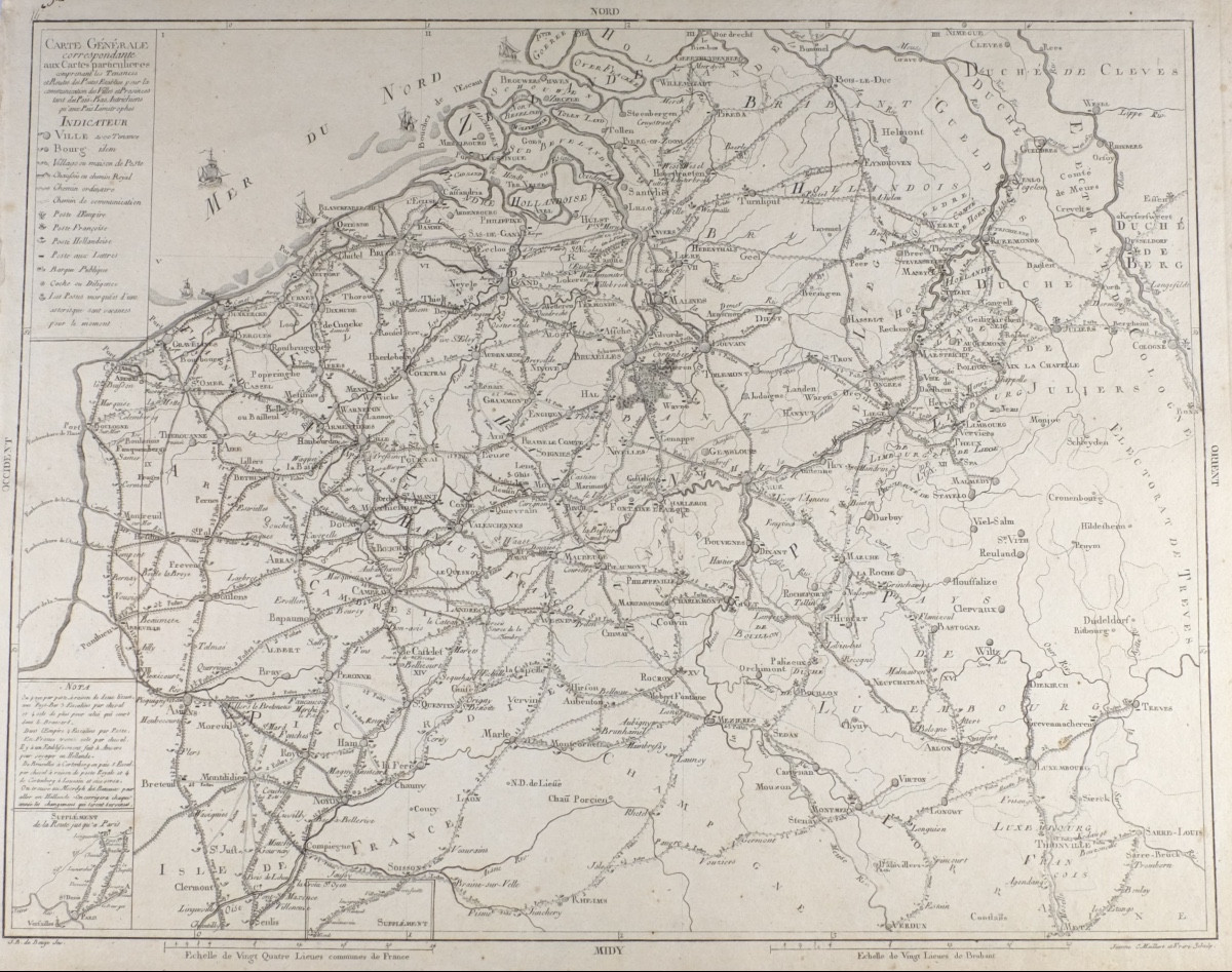 J-B de Bouge (1757-1833) & Jeanne Maillart (XVIII ème). Carte Belgique, Luxembourg, Pays-Bas.